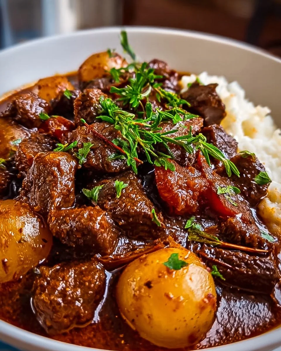 Delicious Beef Stifado served with fresh herbs and vegetables