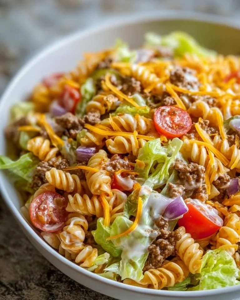 Delicious Big Mac Pasta Salad with toppings and ingredients arranged in a bowl