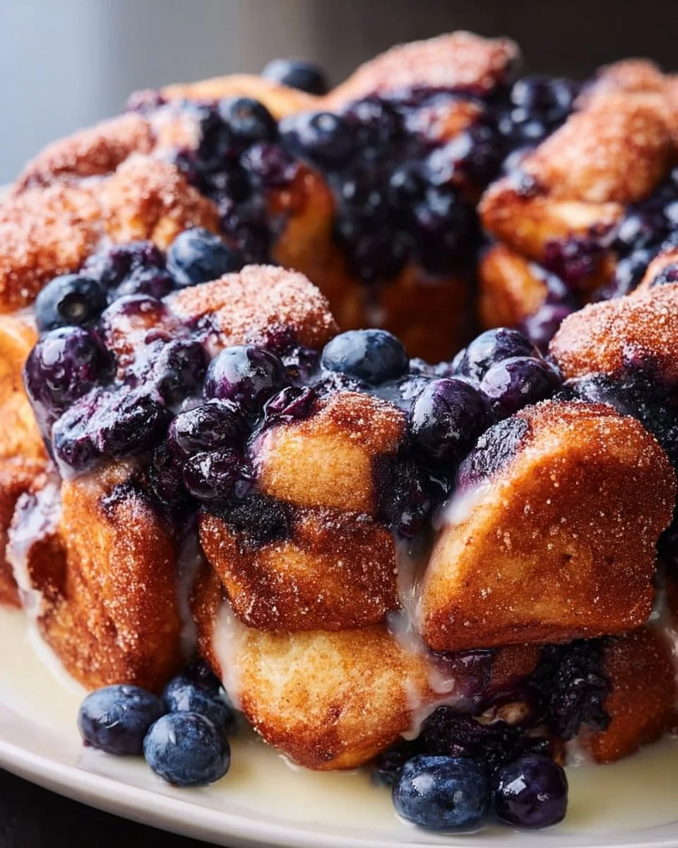 Freshly baked Blueberry Monkey Bread topped with blueberries and sugar glaze