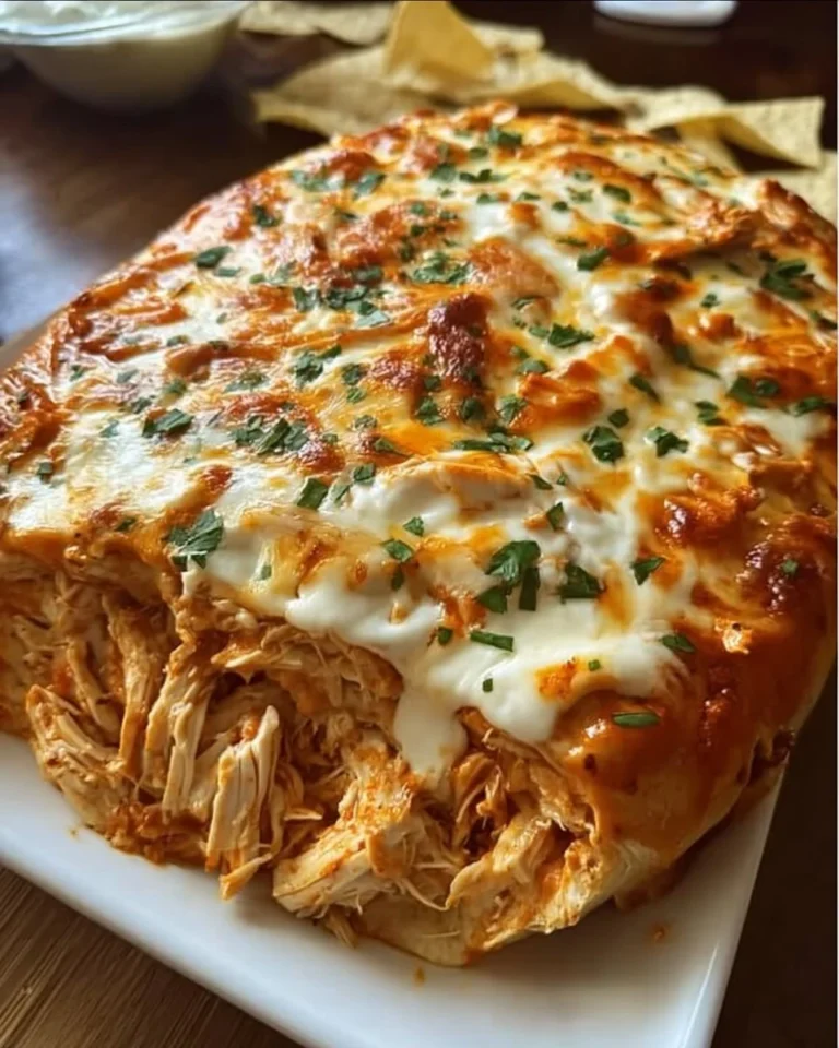 Buffalo Chicken Cheese Bake with melted cheese, buffalo sauce, and shredded chicken