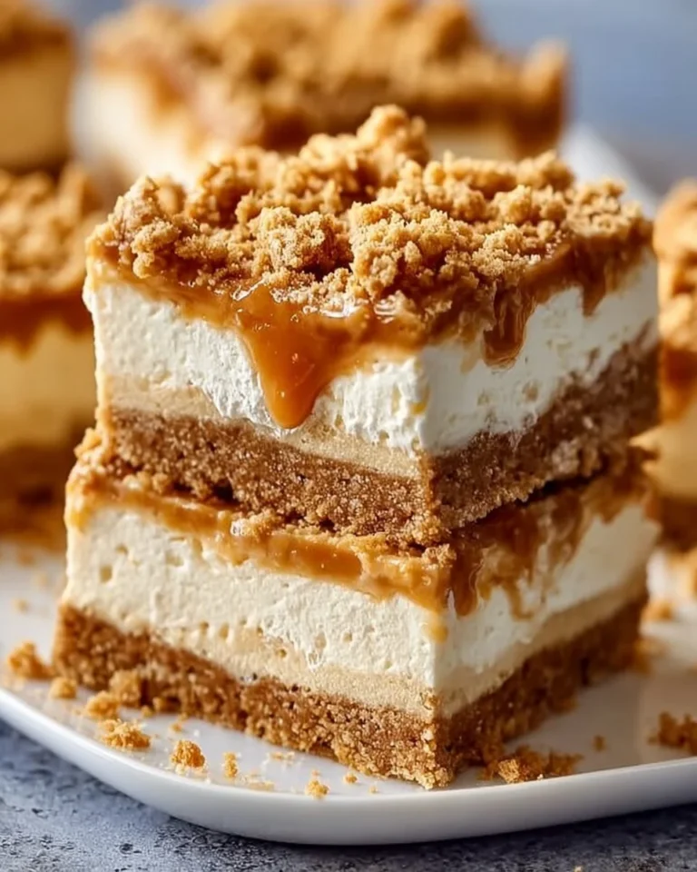 Delicious butterscotch cheesecake bars on a plate with graham cracker crust