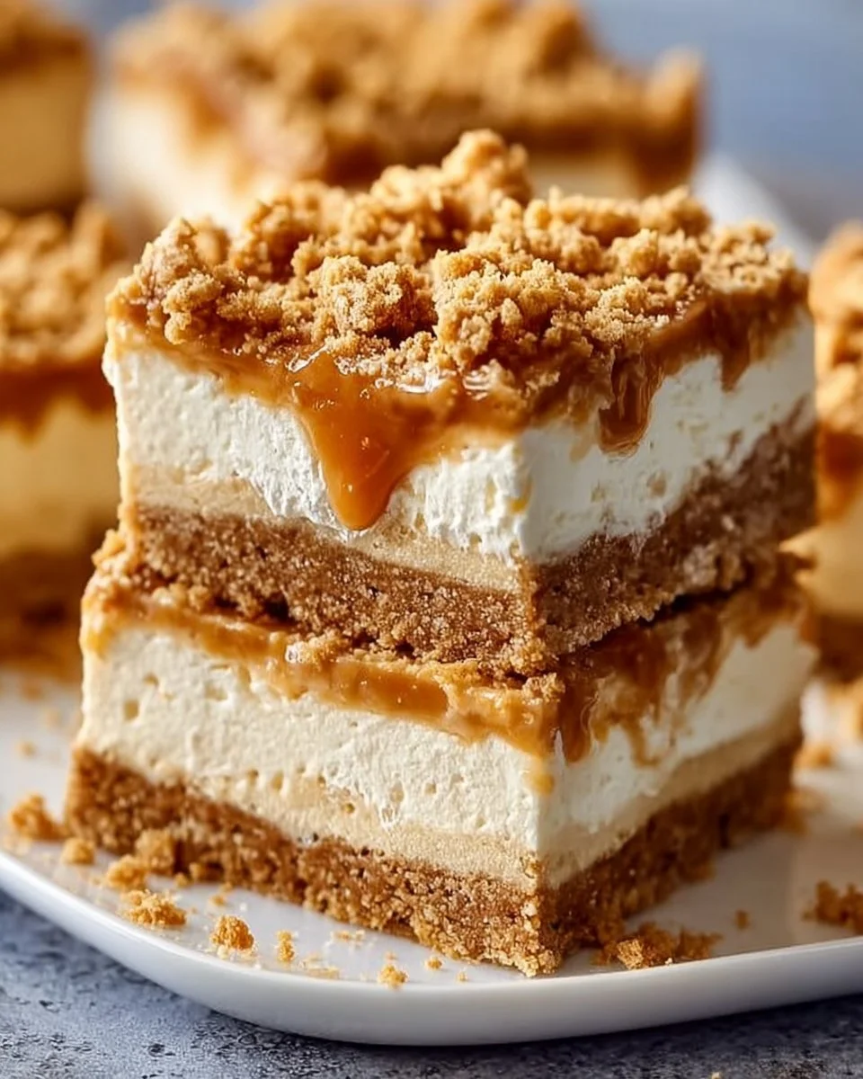 Delicious butterscotch cheesecake bars on a plate with graham cracker crust