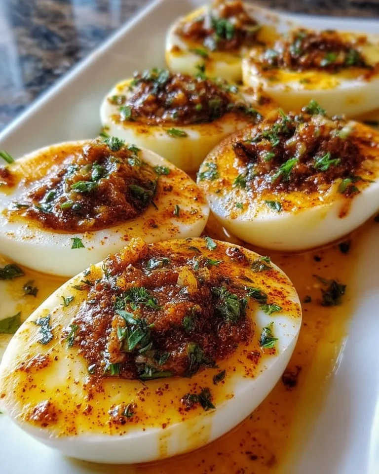 Cajun Boiled Eggs served with spicy garlic butter sauce on a plate