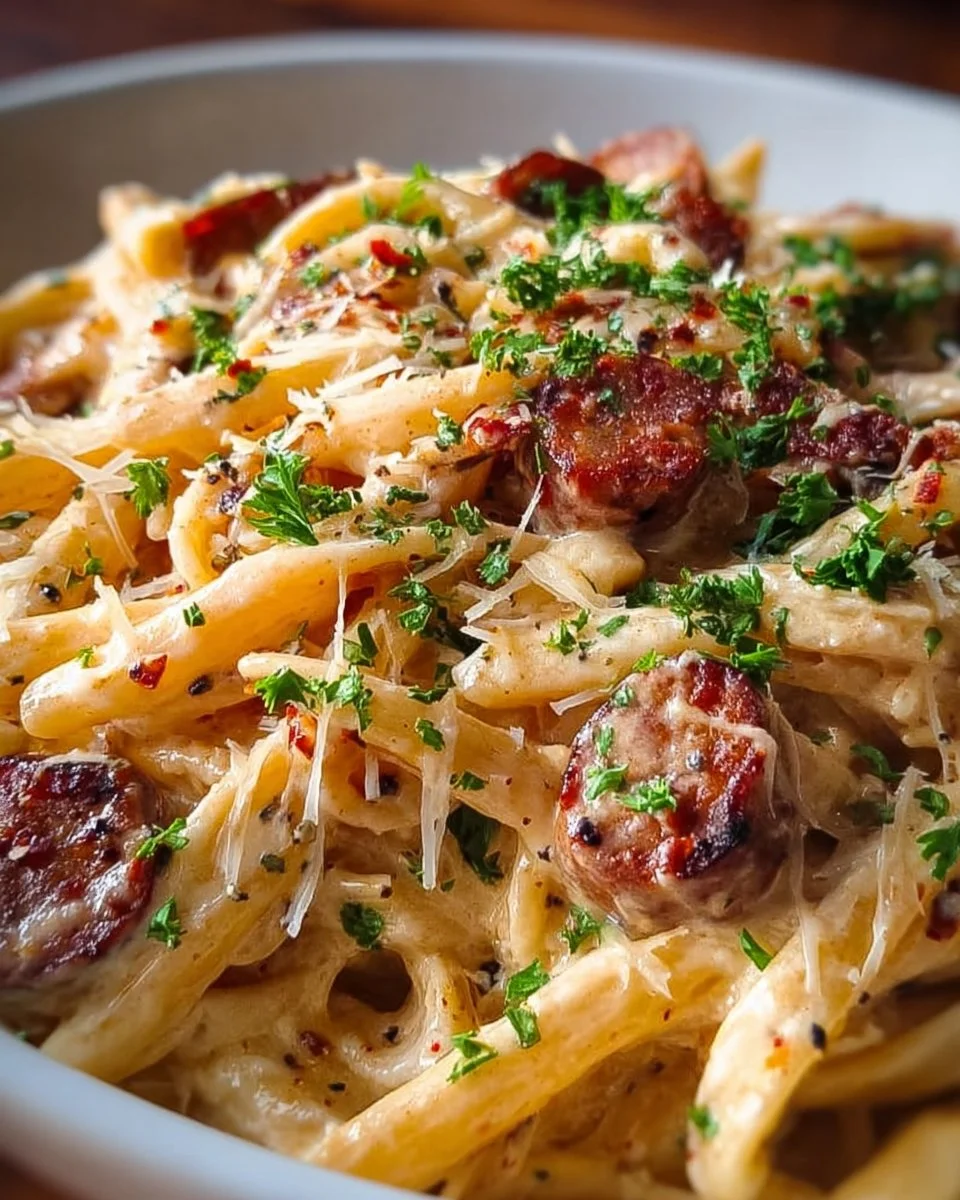Cajun Honey Mustard White Cheddar Sausage Pasta served in a bowl