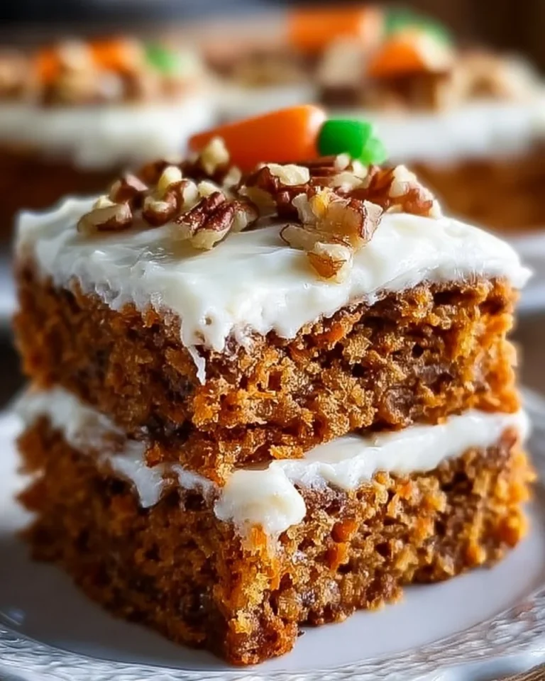 Homemade carrot cake bars topped with cream cheese frosting