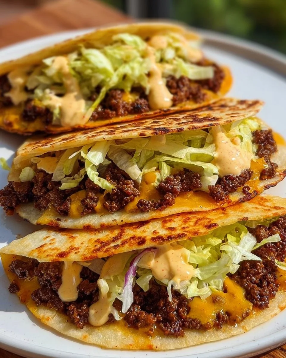 Cheeseburger tortilla melts served on a plate with toppings