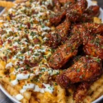 Cheesy loaded fries served with honey garlic wings on a wooden platter.