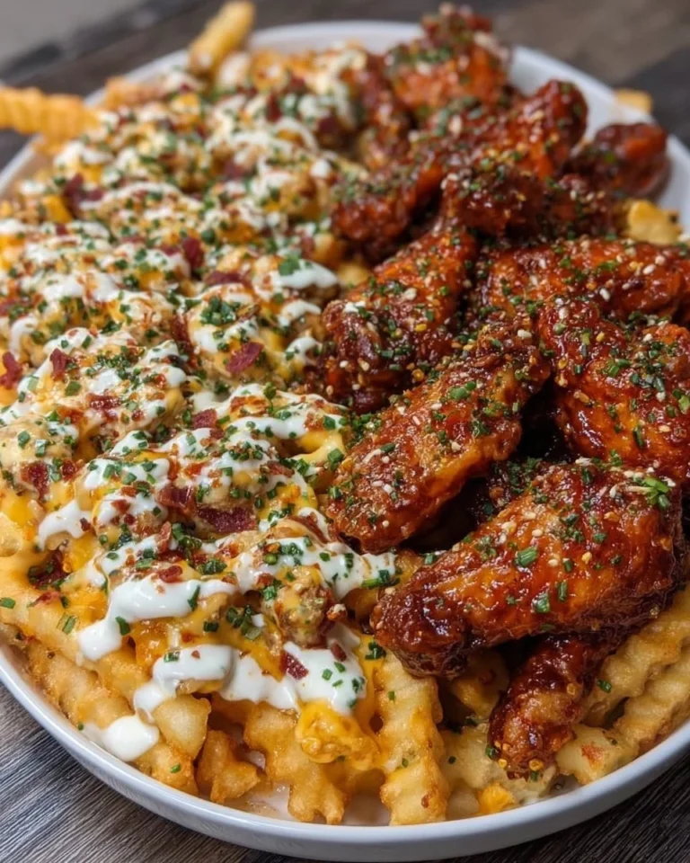Cheesy loaded fries served with honey garlic wings on a wooden platter.