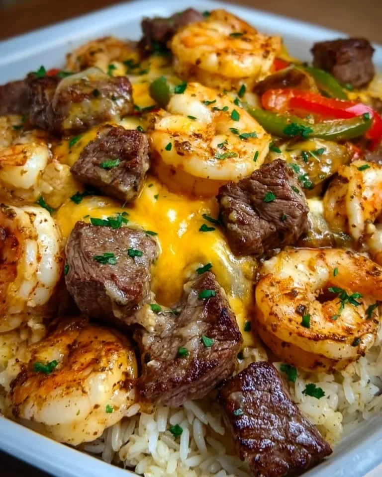 Cheesy Steak and Shrimp Skillet Bowl with vegetables in a cast-iron skillet