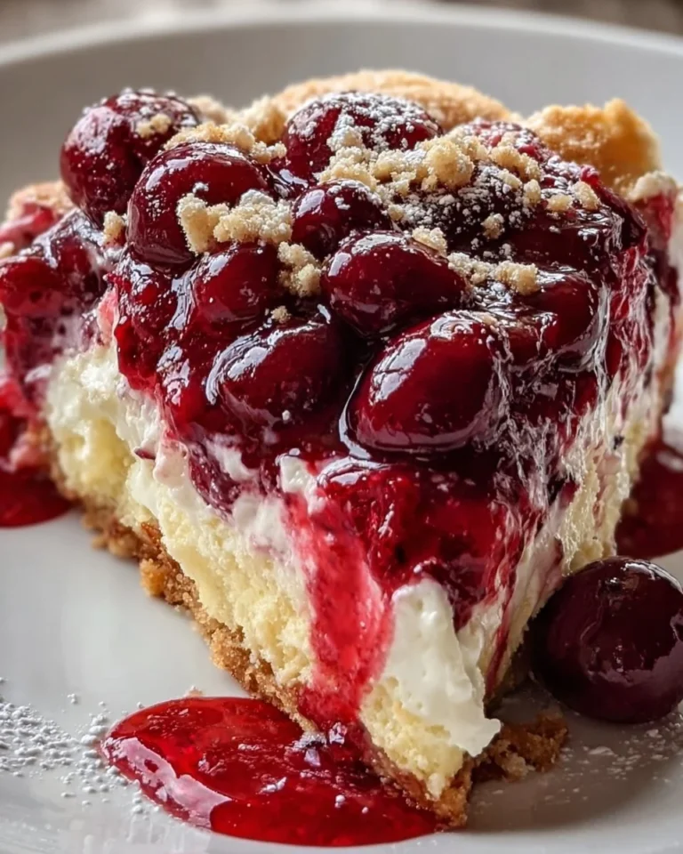 Cherry cheesecake dump cake topped with cherries and cream cheese frosting.