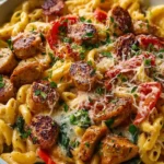 Chicken Apple Sausage One Pan Pasta served in a bowl with fresh herbs