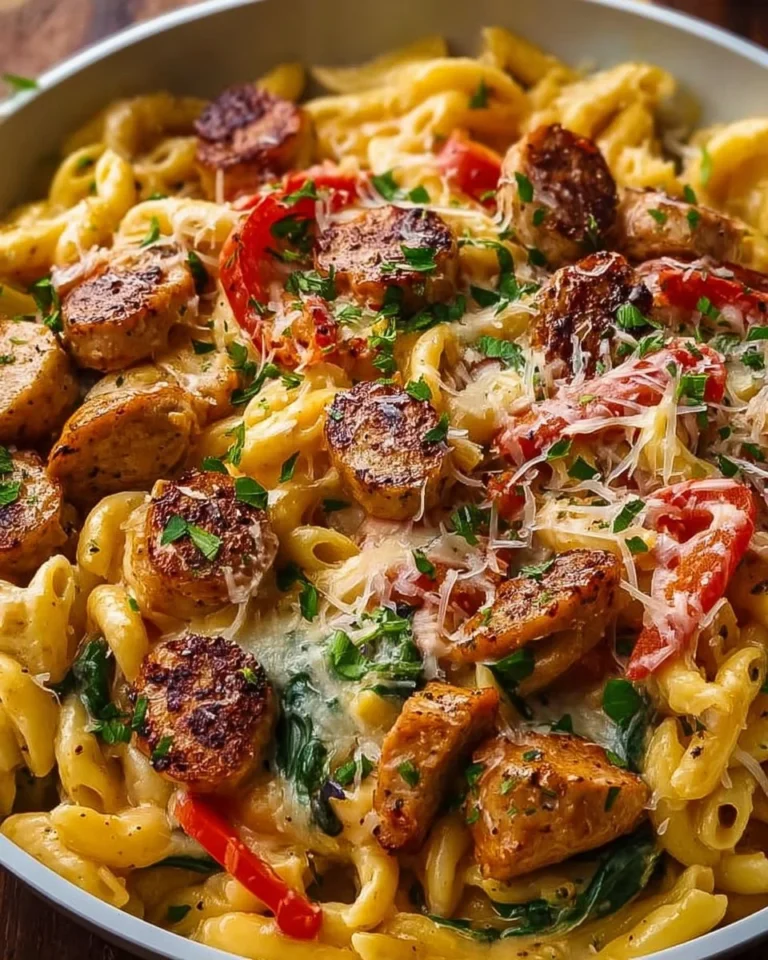 Chicken Apple Sausage One Pan Pasta served in a bowl with fresh herbs