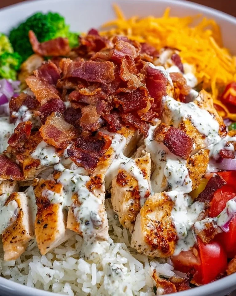 Delicious Chicken Bacon Ranch Bowl with crispy bacon and ranch dressing