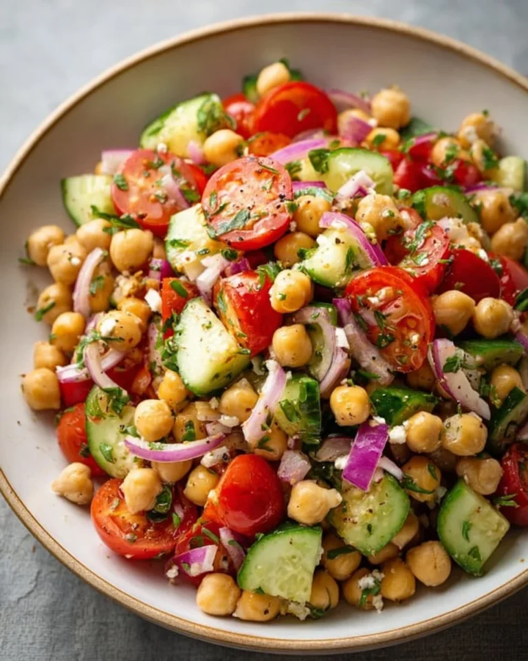 Colorful chickpea salad with vegetables and dressing in a bowl