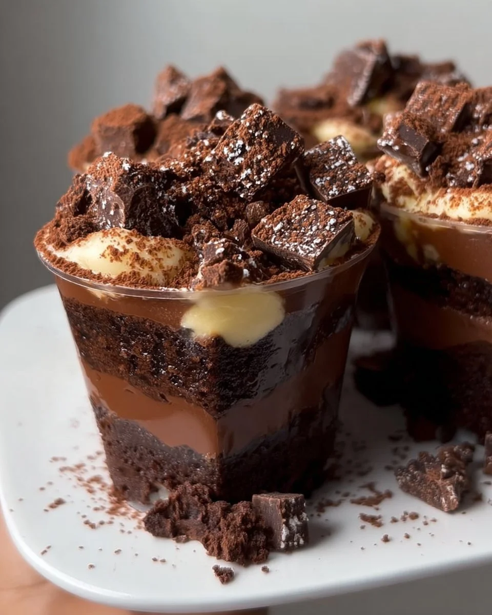 Delicious chocolate brownie pudding cups served in elegant dessert dishes
