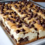 Delicious chocolate chip cookie dough cheesecake bars on a plate