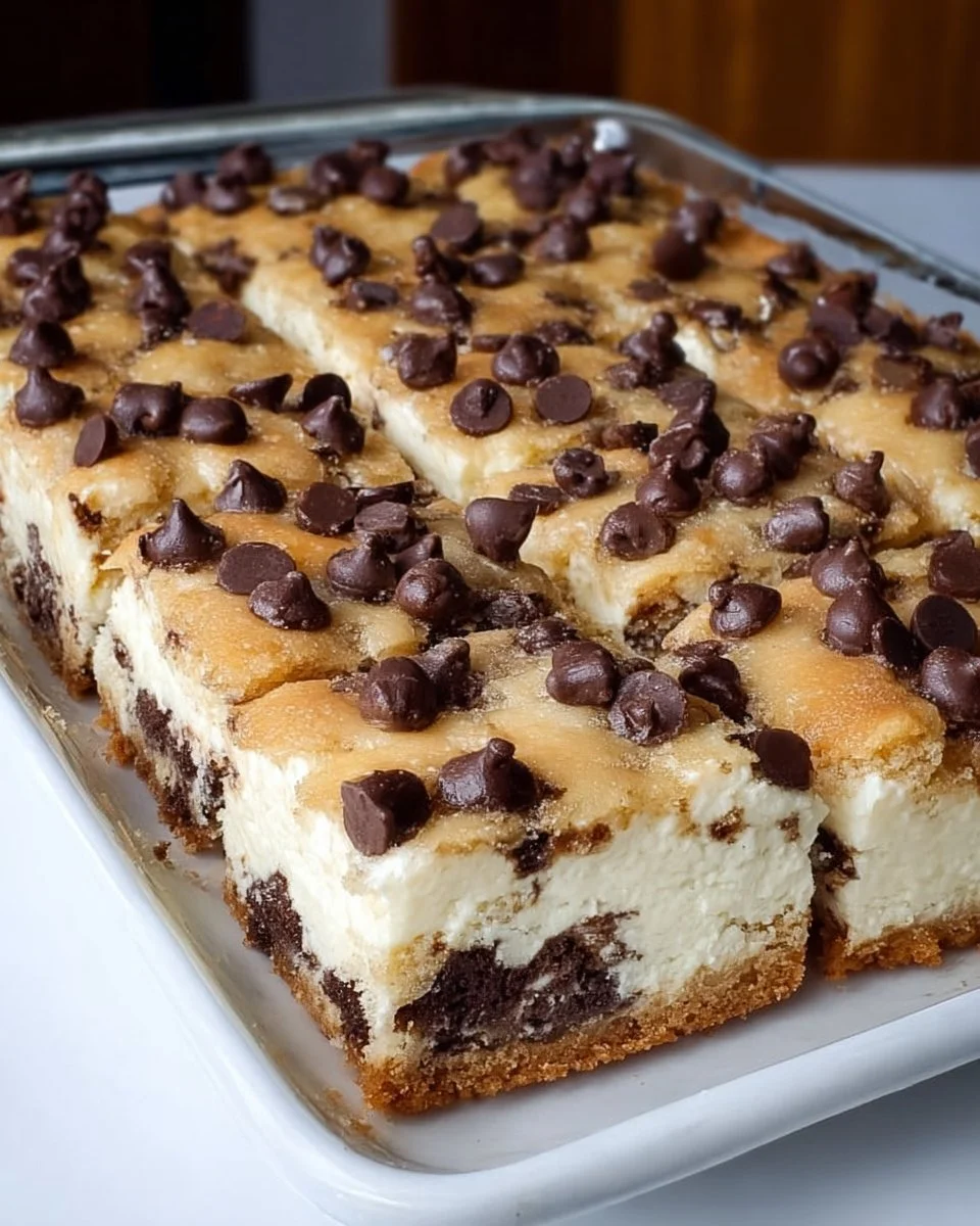 Delicious chocolate chip cookie dough cheesecake bars on a plate