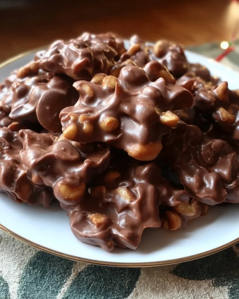 Delicious homemade chocolate peanut clusters on a white plate.