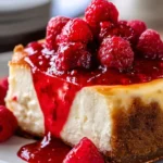 Classic cheesecake with raspberry sauce on a white plate