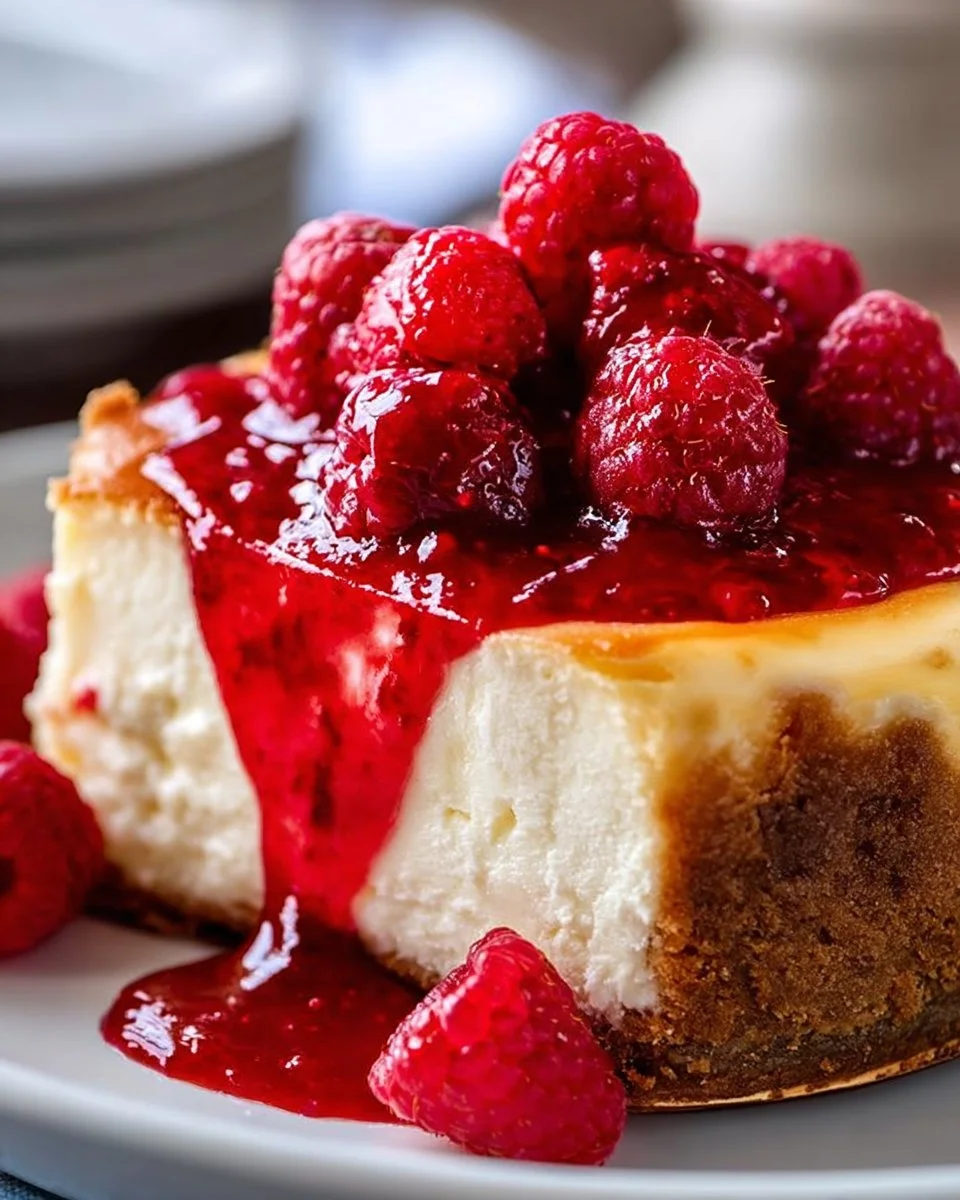 Classic cheesecake with raspberry sauce on a white plate