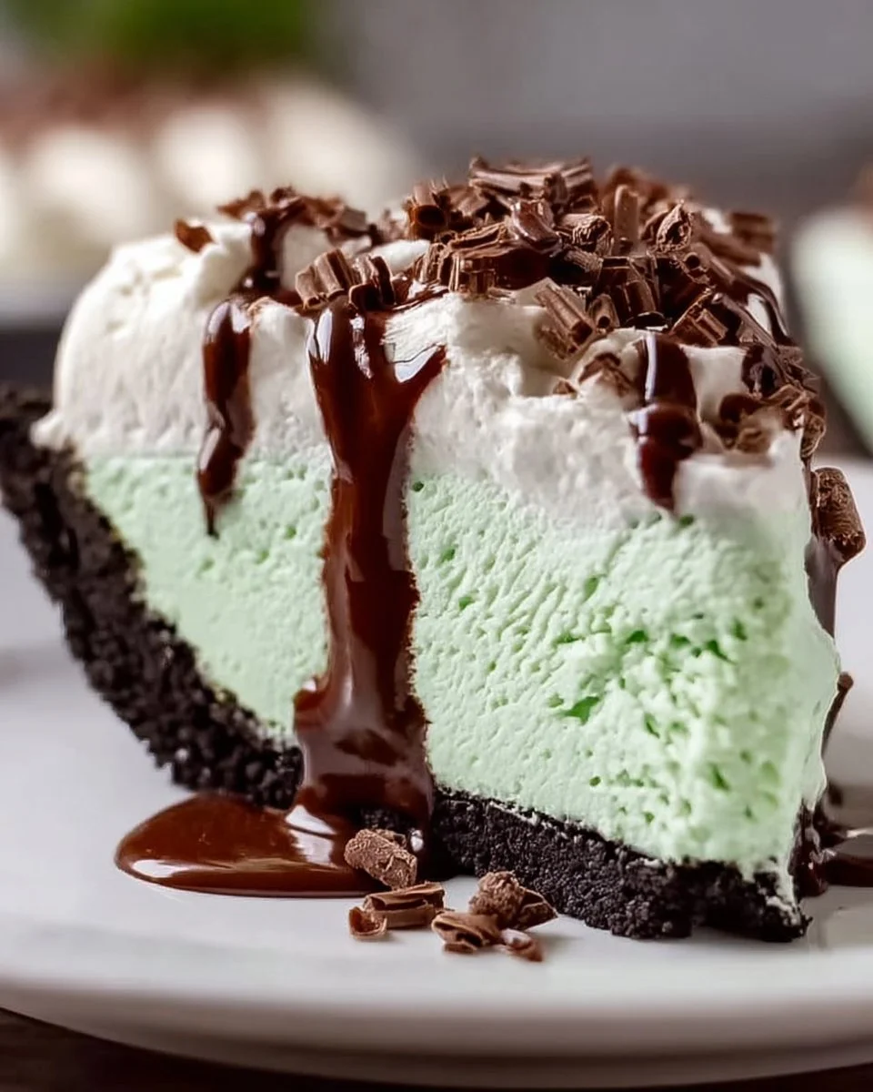 Delicious classic Grasshopper Pie dessert with mint green filling