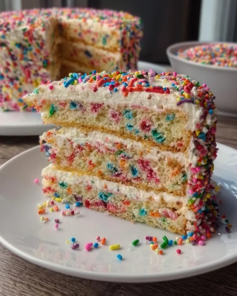 Colorful confetti birthday cake with vibrant sprinkles and festive decorations