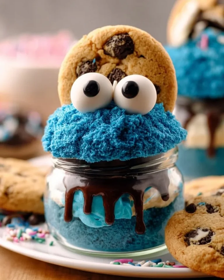 Cookie Monster Cake Jars with bright blue frosting and cookie toppings