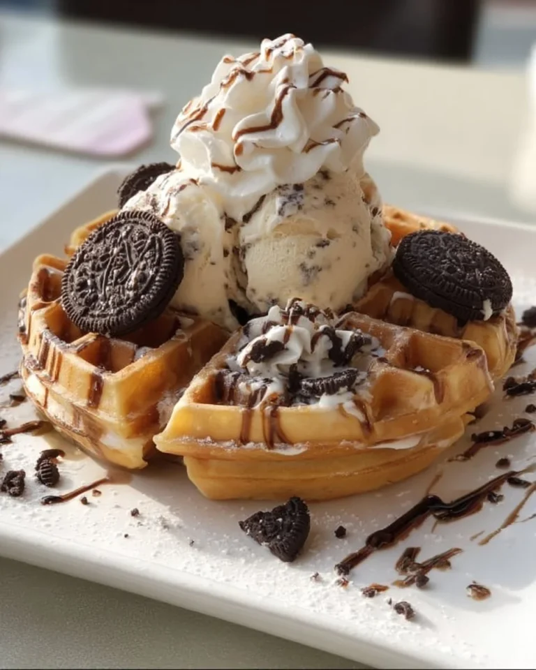 Delicious Cookies and Cream Waffles topped with chocolate and whipped cream