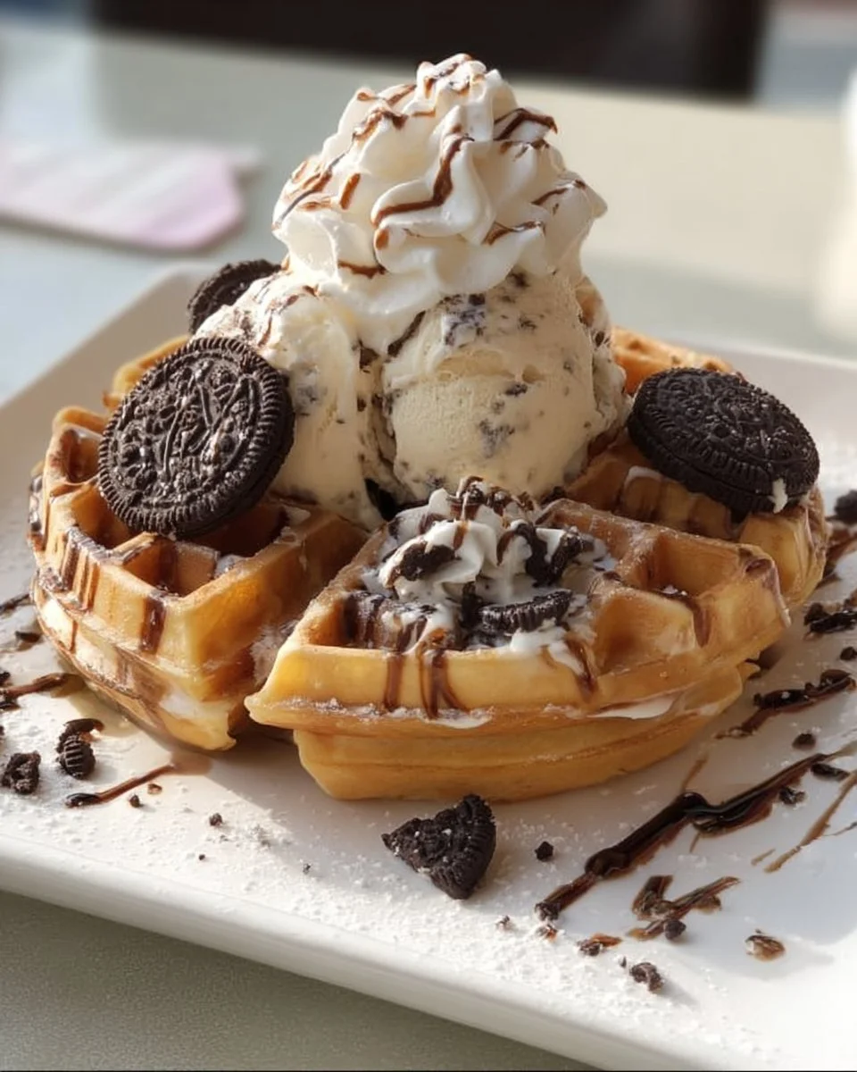 Delicious Cookies and Cream Waffles topped with chocolate and whipped cream