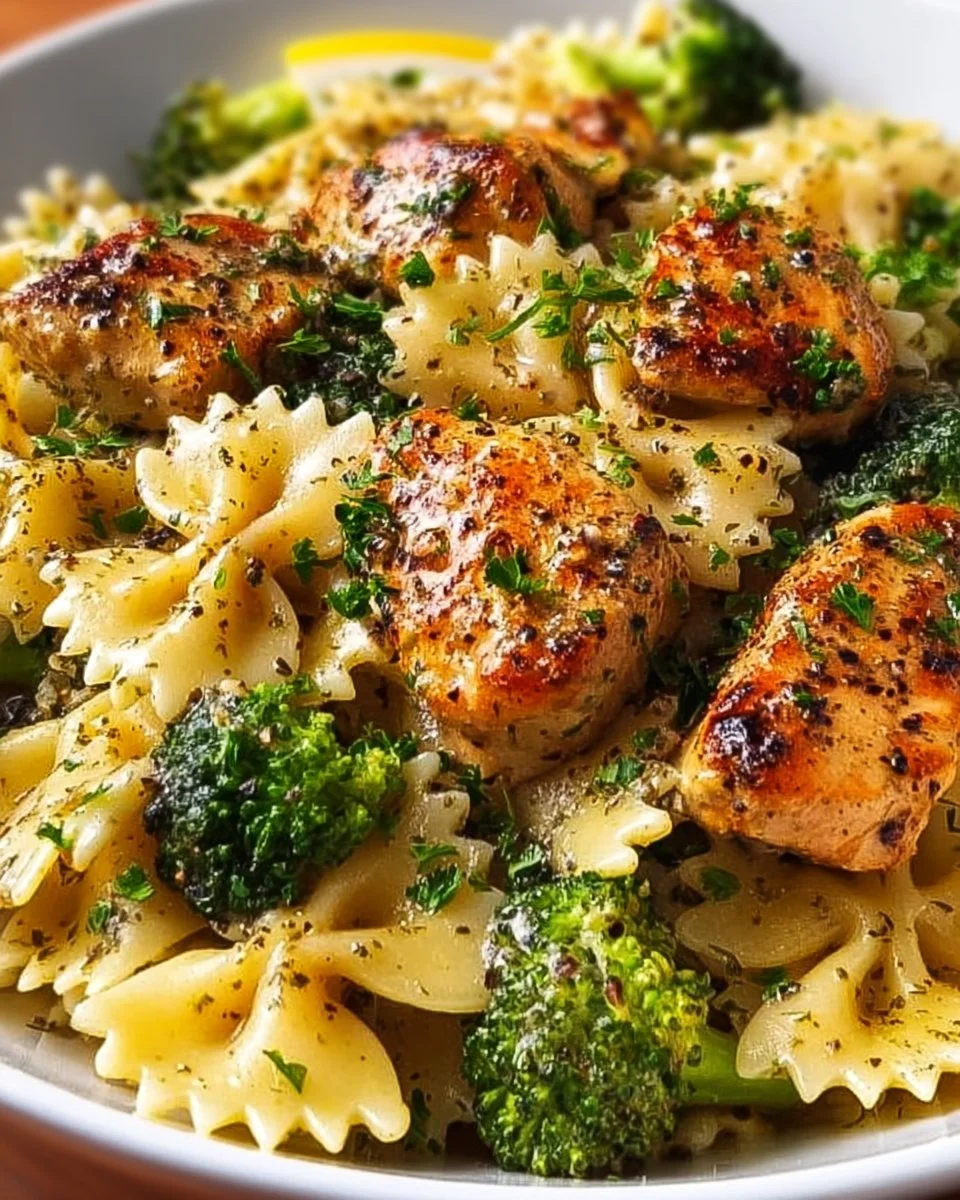 Cowboy Butter Lemon Bowtie Chicken and Broccoli plated on a rustic table