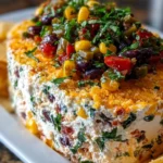 Cowboy Caviar Jalapeño Popper Cheese Log with colorful toppings and garnishes