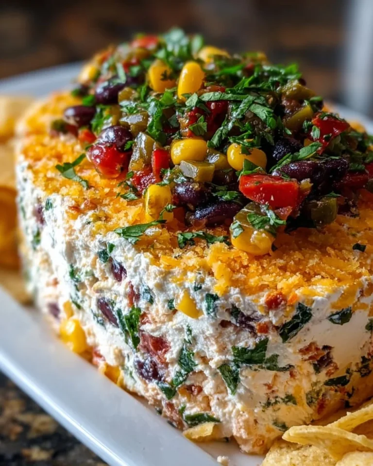 Cowboy Caviar Jalapeño Popper Cheese Log with colorful toppings and garnishes