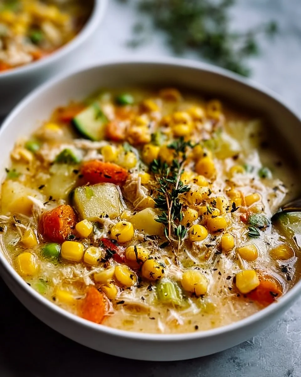 A bowl of cozy comfort soup served with bread and herbs.