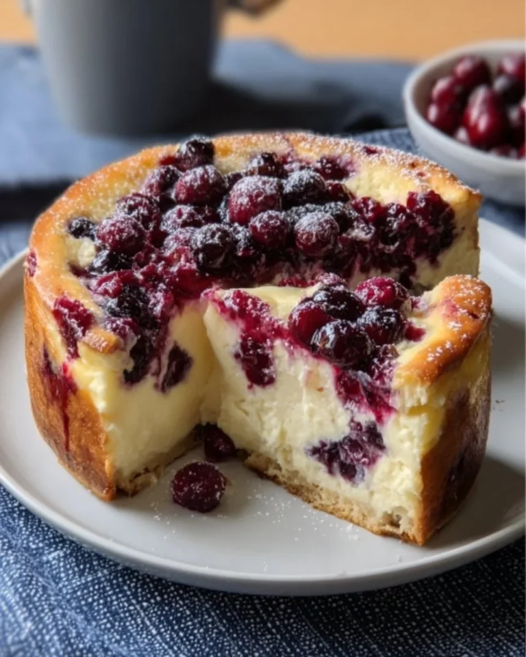 Delicious cranberry cheesecake cake topped with fresh cranberries and whipped cream