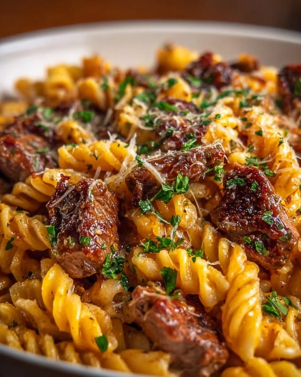 Creamy BBQ steak pasta dish garnished with herbs and served in a bowl.