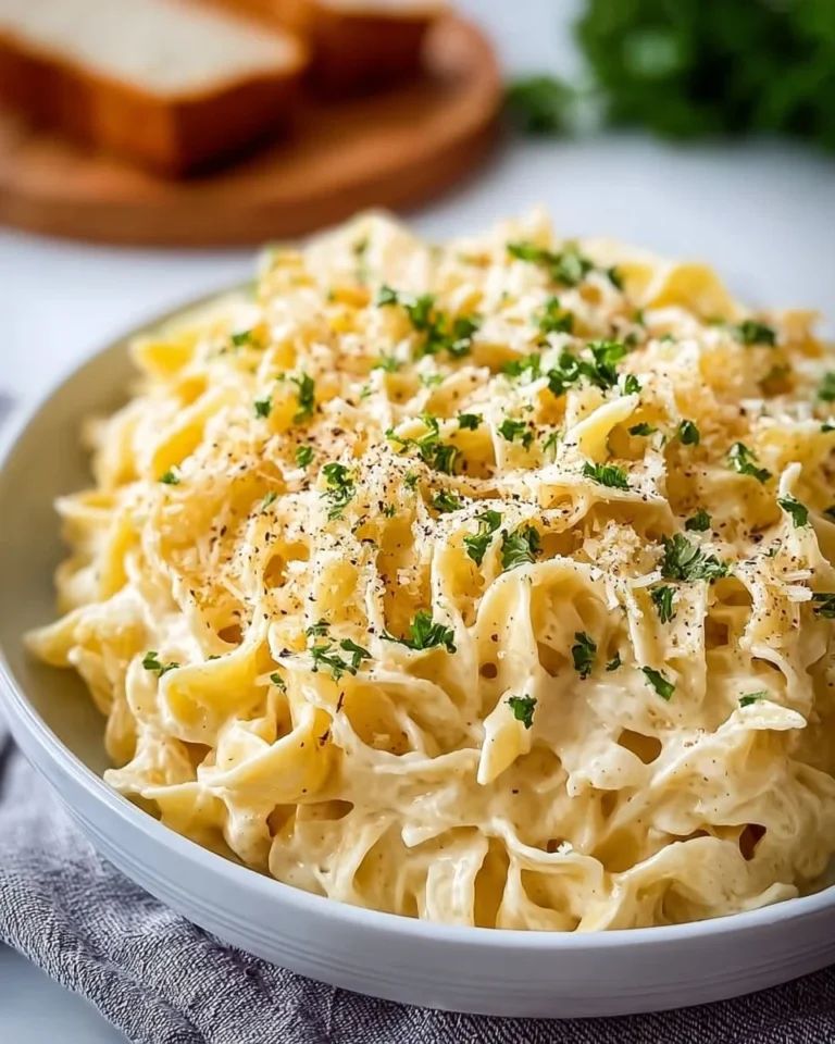 Bowl of creamy cafeteria noodles topped with herbs and spices