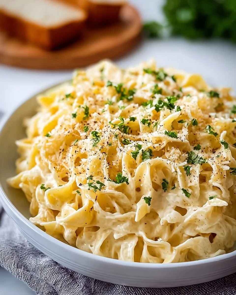 Bowl of creamy cafeteria noodles topped with herbs and spices