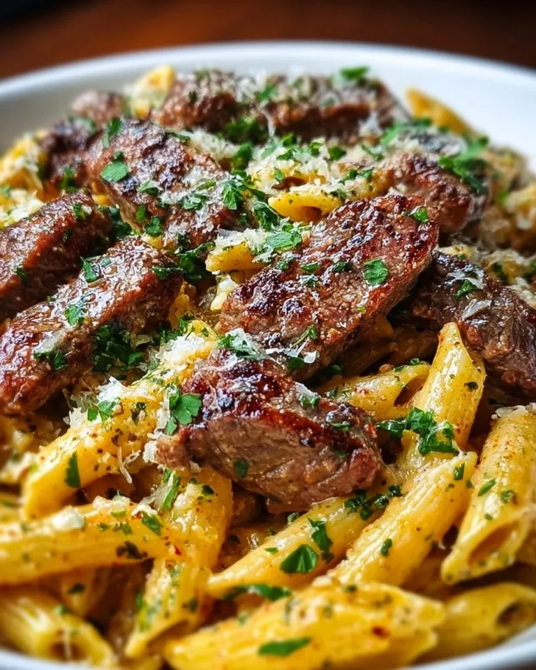 Creamy Cajun steak pasta skillet with spicy garlic butter sauce