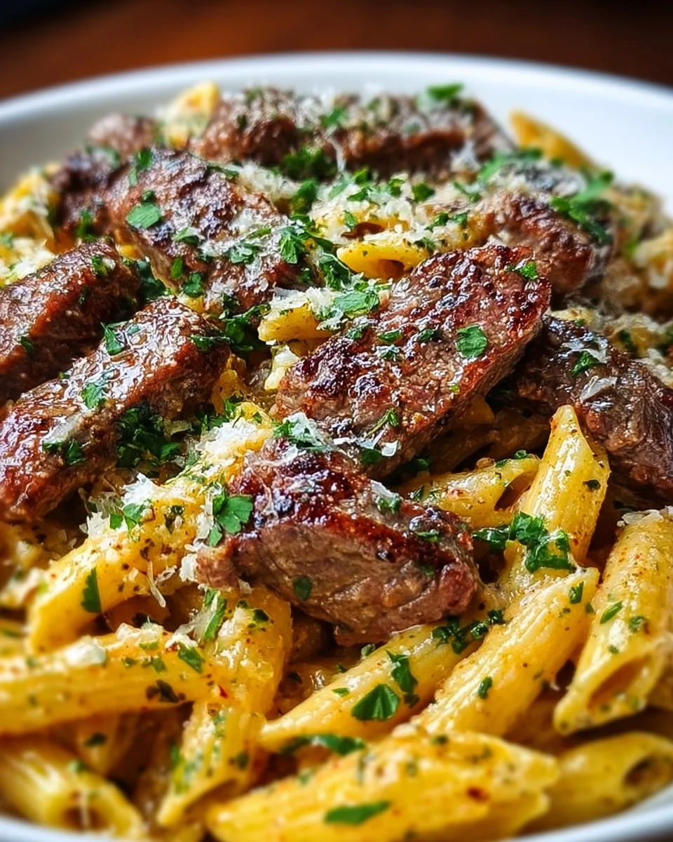 Creamy Cajun steak pasta skillet with spicy garlic butter sauce