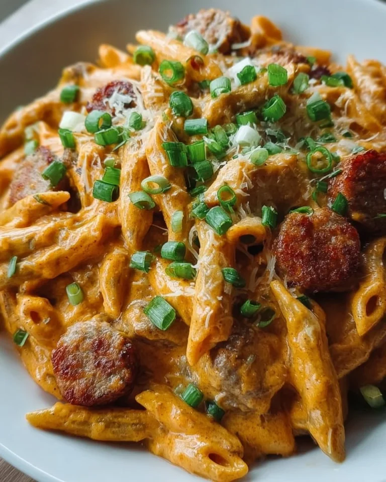 Creamy cheddar buffalo sausage pasta dish in a bowl