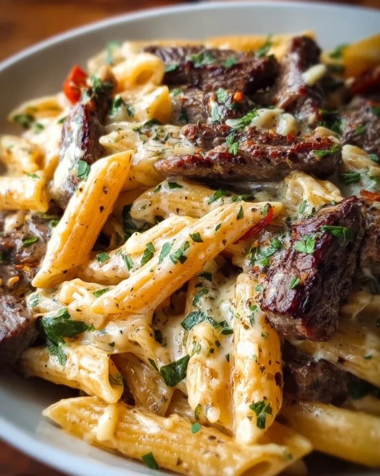Creamy garlic butter pepper jack steak pasta served in a bowl