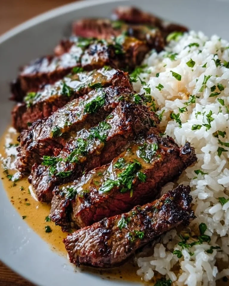 Creamy garlic butter steak served over fluffy rice.