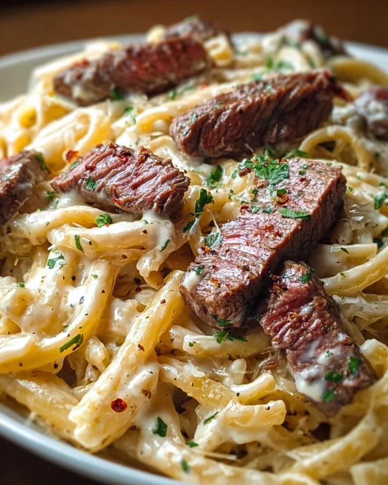 Creamy ranch steak pasta with mozzarella and garlic butter sauce