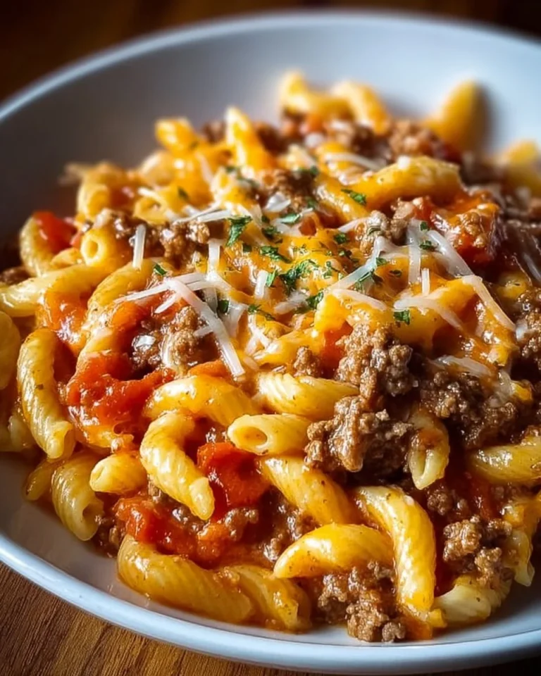 Creamy Rotel pasta dish with ground beef, garnished and ready to serve.