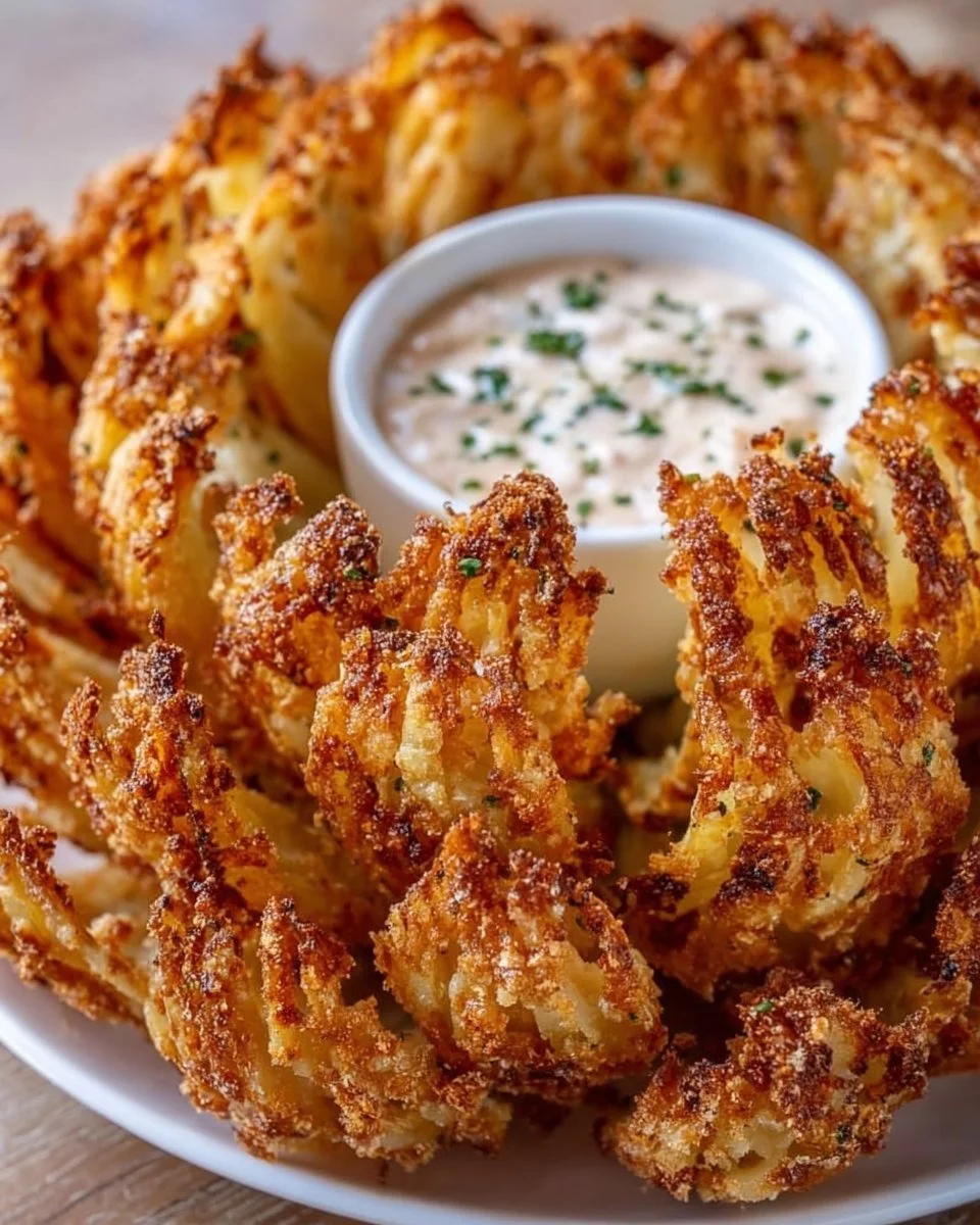 Crispy Air Fryer Blooming Onion recipe served on a plate