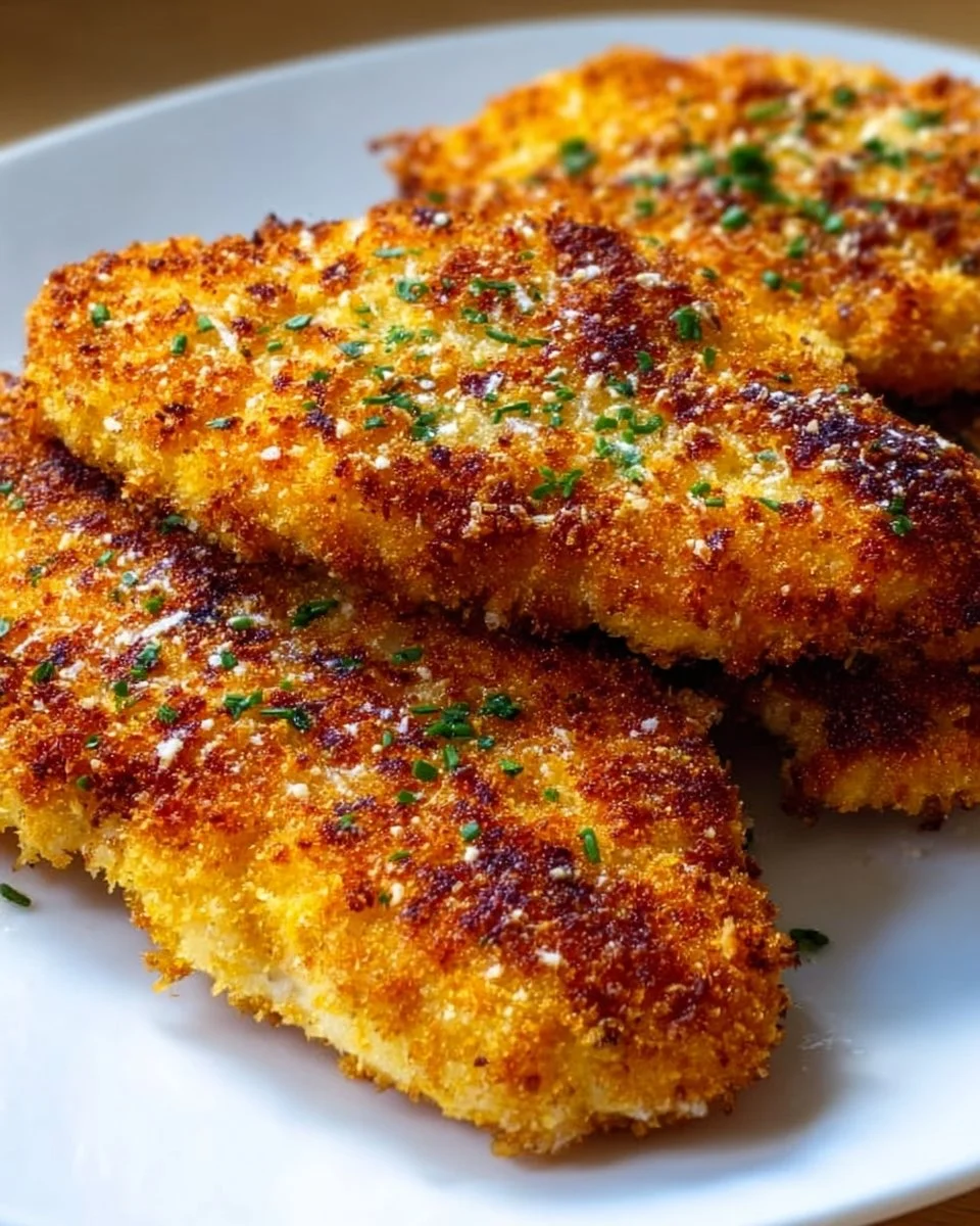 Crispy air fryer parmesan crusted chicken served on a plate with herbs