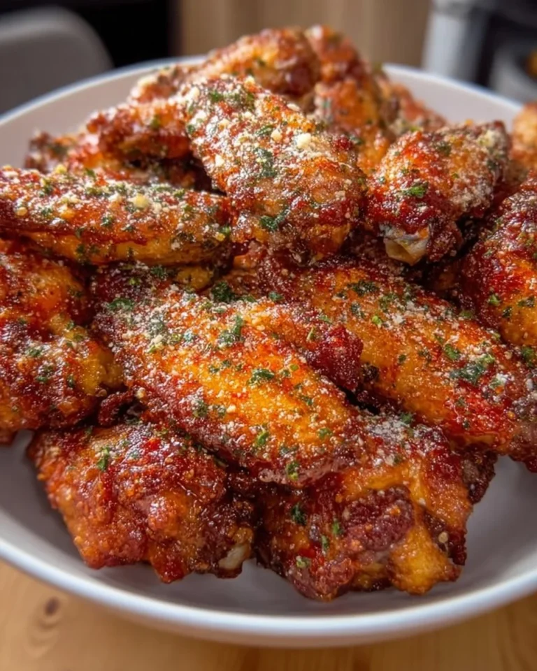 Crispy garlic parmesan wings garnished with herbs and spices