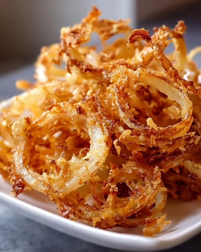 Golden crispy onions made in an air fryer, perfect for garnishing dishes.