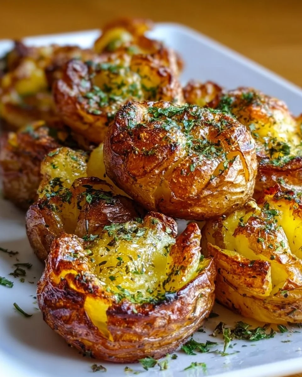 Crispy smashed potatoes served on a plate with herbs and spices