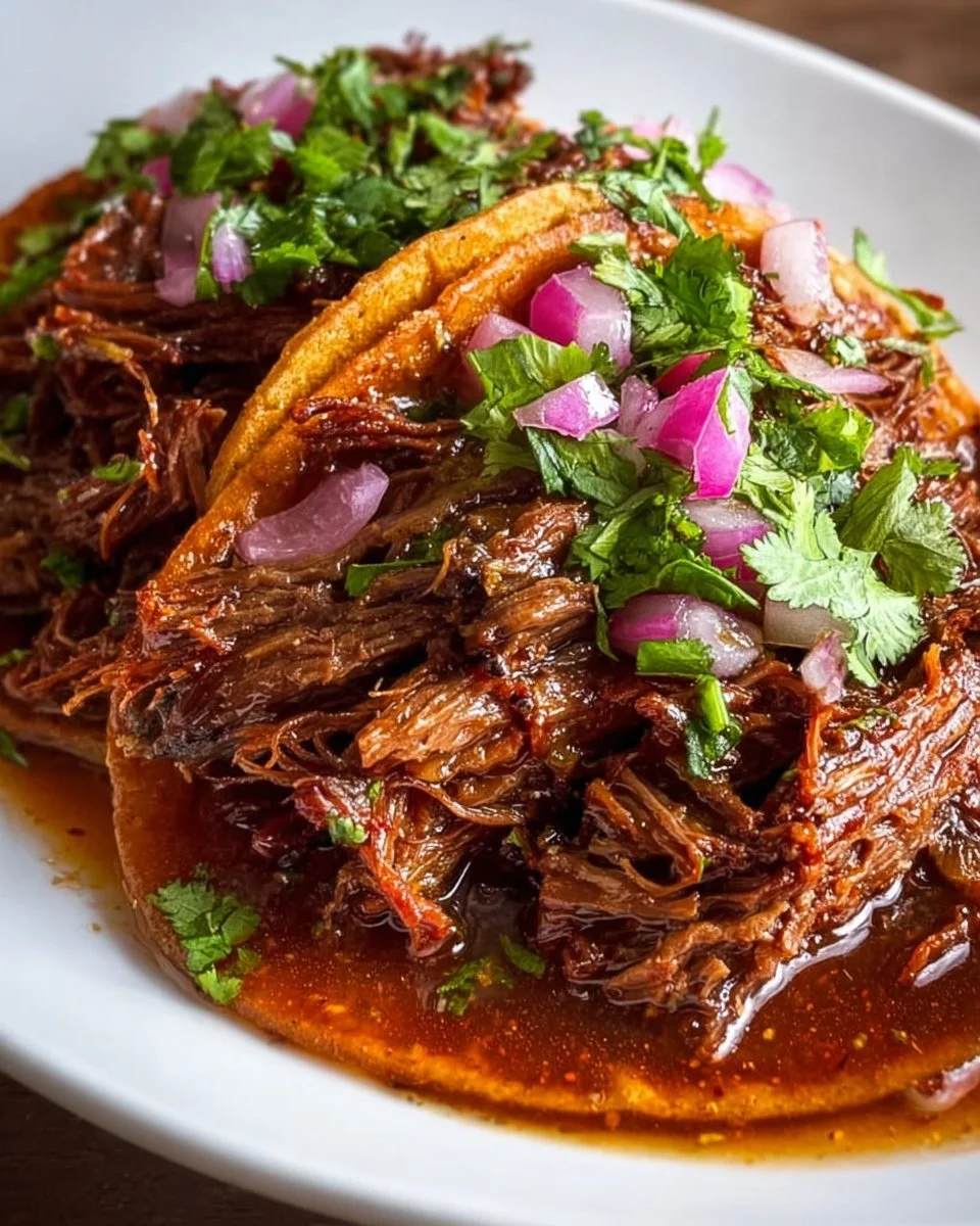Crock Pot Birria Tacos served with fresh cilantro and lime